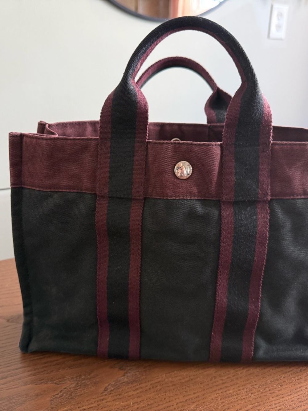 Hermes Black and Burgundy Canvas Messenger Tote